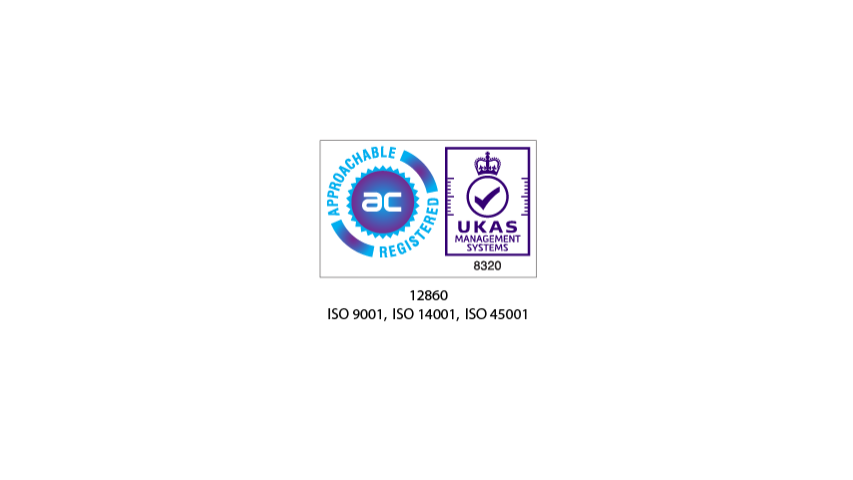 Approachable UKAS management accreditation logo with certification number 12860 and ISO numbers 9001, 14001 and 45001.