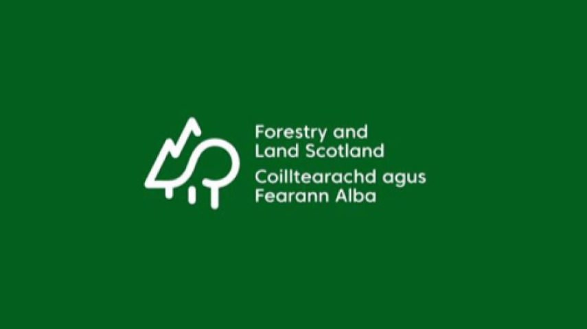 The Forestry and Land Scotland logo in white on a field of green.